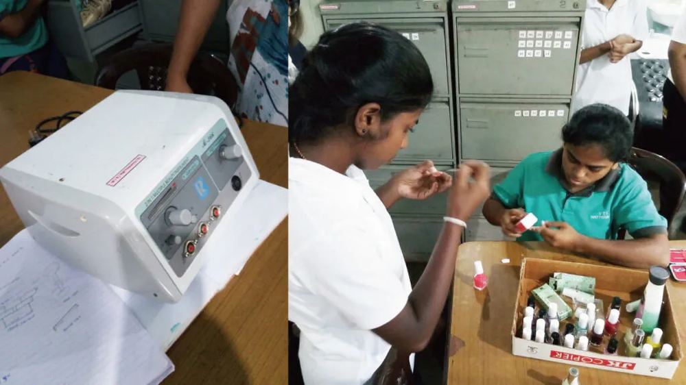 Training equipment and students practising with nail polish